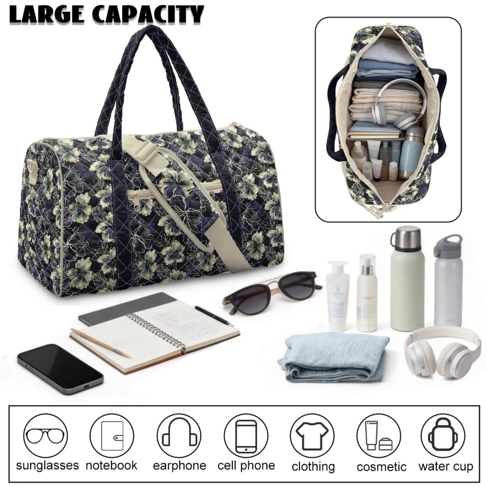 Chririnla Lightweight Travel Bags for Women Carry On Universal Fit Luggage with Quilted Fabric & Luggage Handle Strap Airplanes, Dark Hibiscus Print