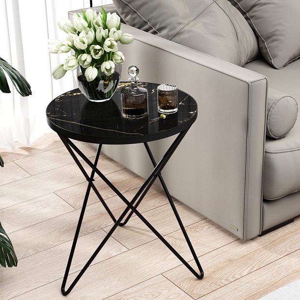 HLR Black and Gold Side Table, Round Side Table with Black Metal Base