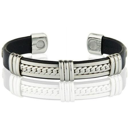 Solid Copper Leather Wrapped Magnetic Bracelet Pain Relief Healing Unisex Cuff by Mdream - Silver Cuban Chain