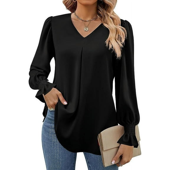 AXXD Black Basic Shirts for Women Summer 2024 Casual Sleeve Long Sleeves V-Neck Loose T-Shirt Blouse Tops