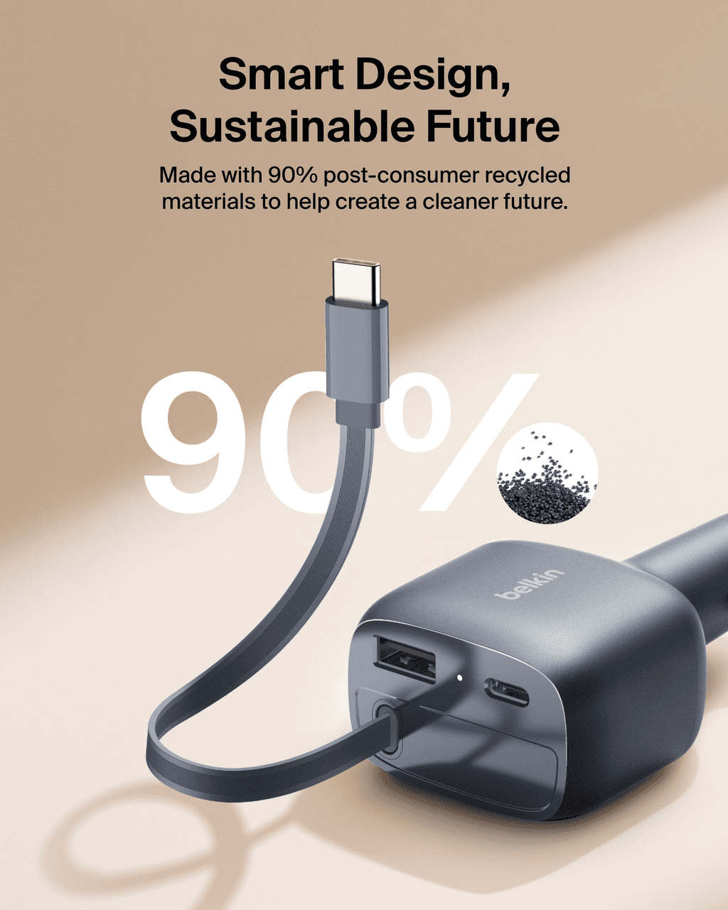 Retractable Car Charger 75W with 75cm/30 in. retractable USB-C cable charges smartphones and most laptops.