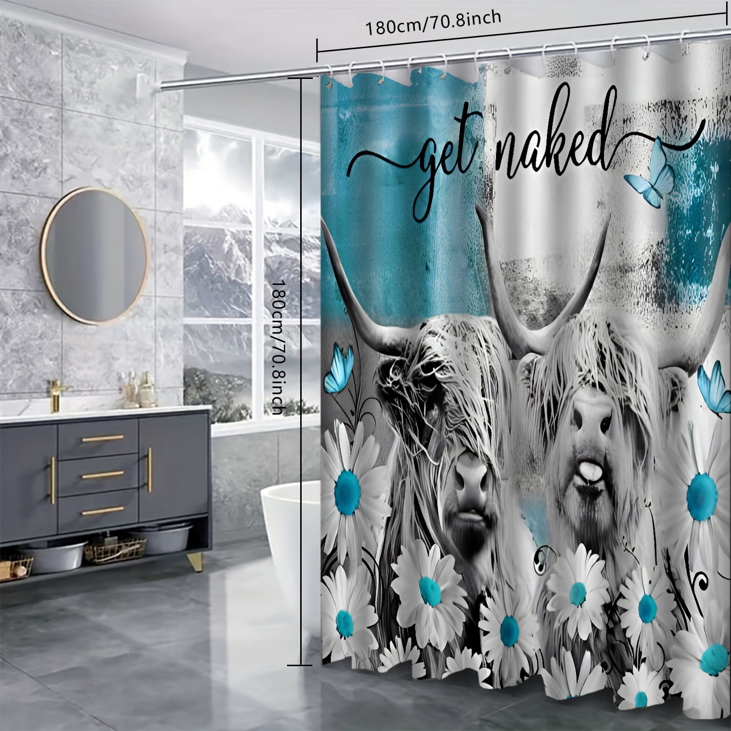 PLUTARCHON 4pcs Highland Cow Bathroom Set - Turquoise Fabric Shower Curtain & Rug, Get Naked Funny Modern Decor, 70.8"x70.8"