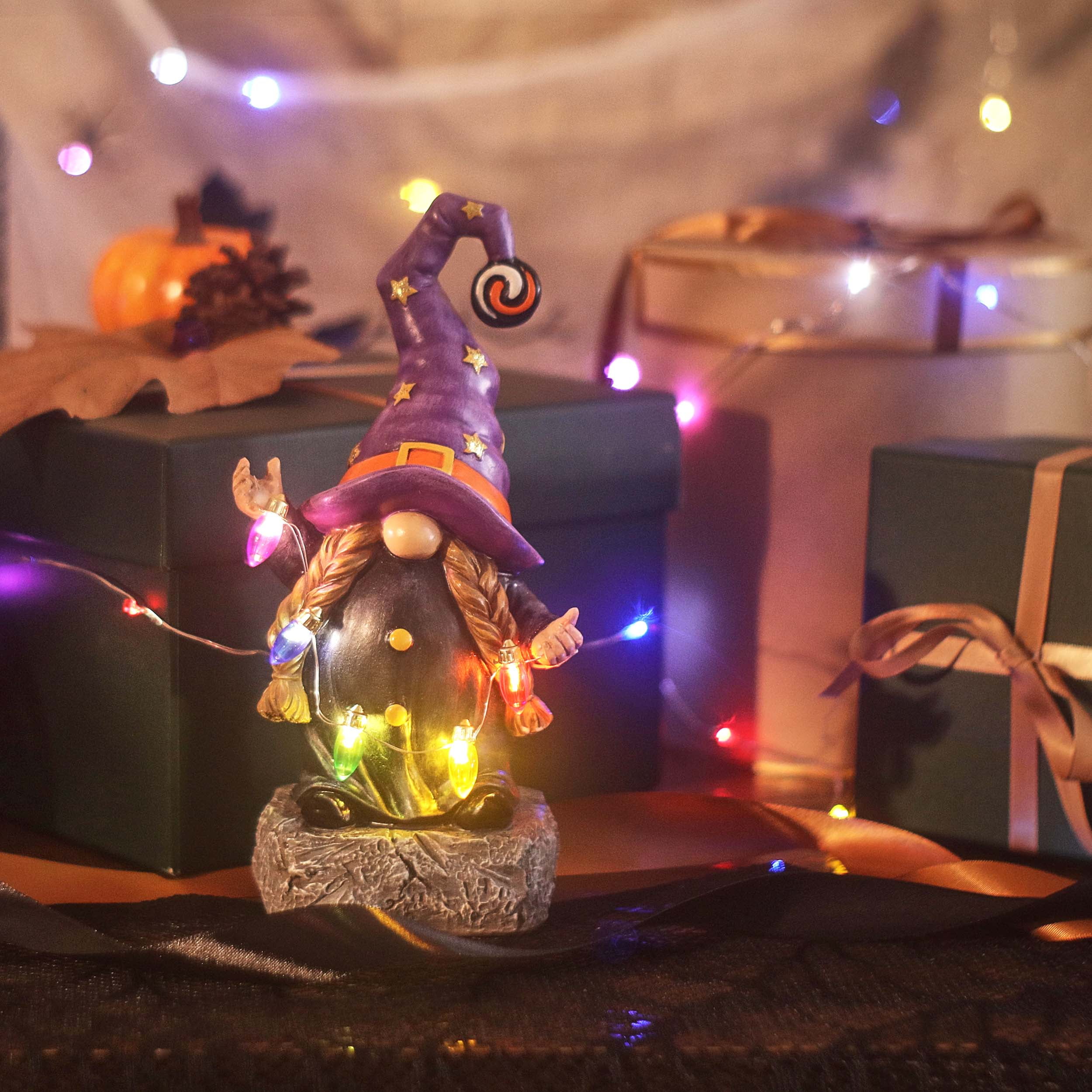 Teresa's Collections 8.8 inches Halloween Gnome Lighted Witch Hat Gnome Garden Statue Halloween Decor with Solar Colorful String Lights for Yard Patio Halloween Party Decoration