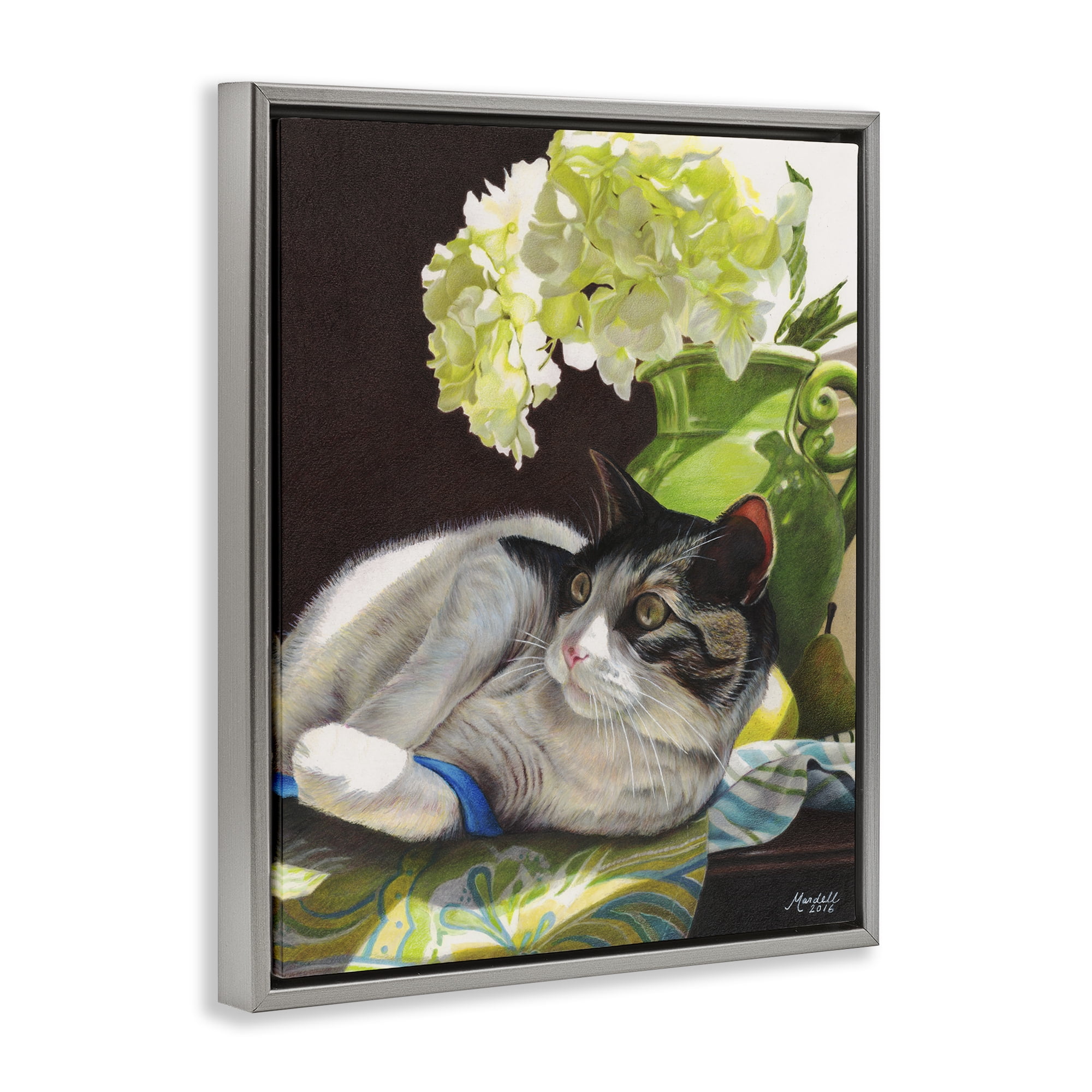 Stupell Industries Cat & Blue Ribbon Animals & Insects Painting Gray Floater Framed Canvas Art Print Wall Art, 17 x 21