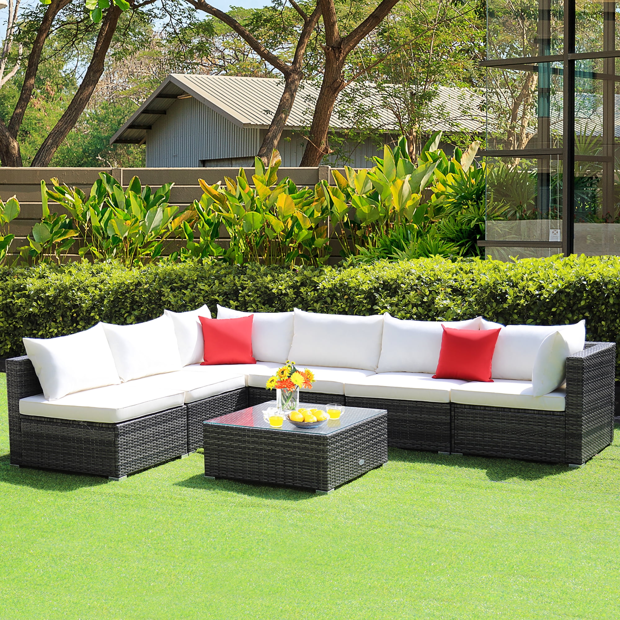 Costway 7PCS Patio Rattan Furniture Set Sectional Sofa Cushioned Off White