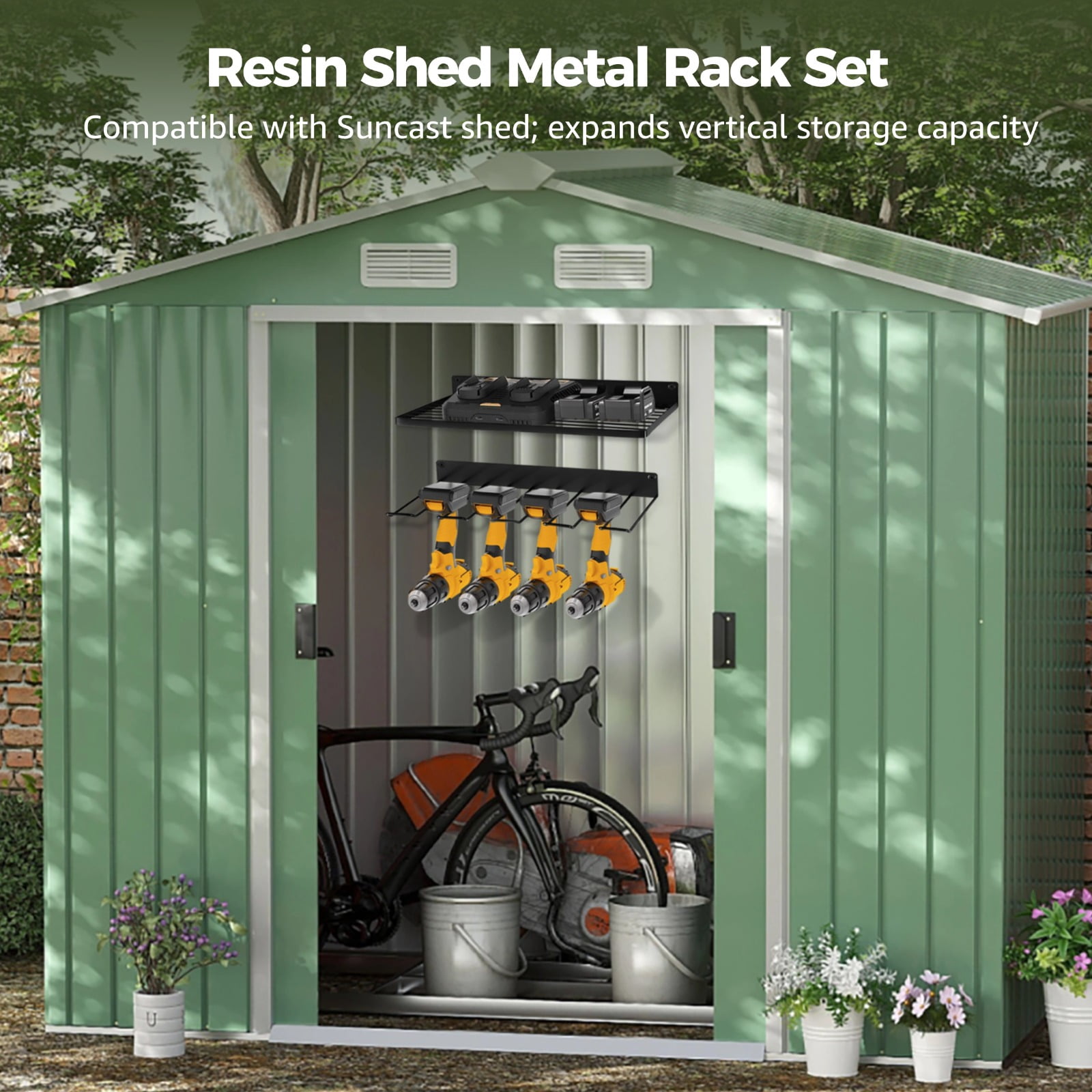 2PCS Wall Mounted Basket and Tool Holder Set with EZ Bolts & Screw Kit, Compatible with Suncast Shed, Galvanized Iron Organizer for Garage, Resin Shed Metal Racks