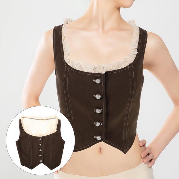 WEUVEB Brown Lace Corset Top with Irregular Hem for Renaissance, Pirate, and Costume Party Outfits