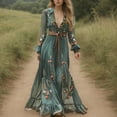 thumbnail image 2 of Women's Vintage Pastoral Flower Long Dress V-Neck Long Sleeve Western Dress Fall Casual Maxi Dress Army Green L, 2 of 6