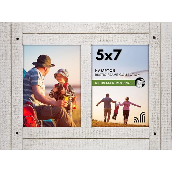 Hinged 5x7 Double Picture Frame with 2 Photo Openings and Polished Glass - Distressed Wood Collage Picture Frames for Tabletop and Wall Display - Hampton Collection - Aspen White