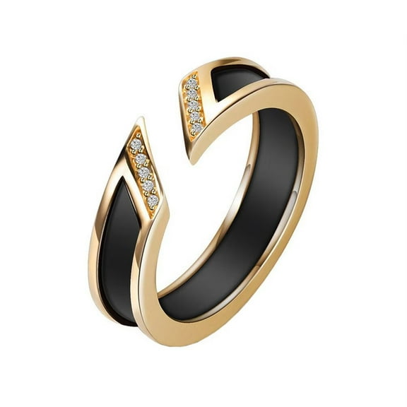 HIJONES Women's Stainless Steel Cubic Zirconia Inlaid Open Mosaic Ceramic Stackable Finger Ring 5MM Eternity Band Gold Black Size 8