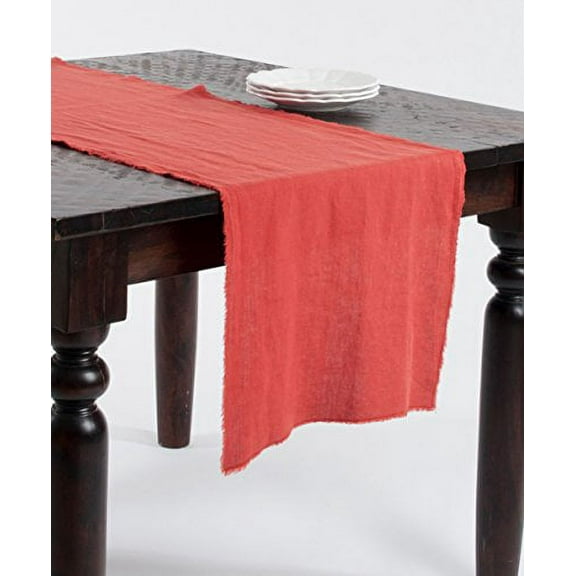 Graciella Fringed Stone Washed Design Table Runner, 100% Linen (rouge)