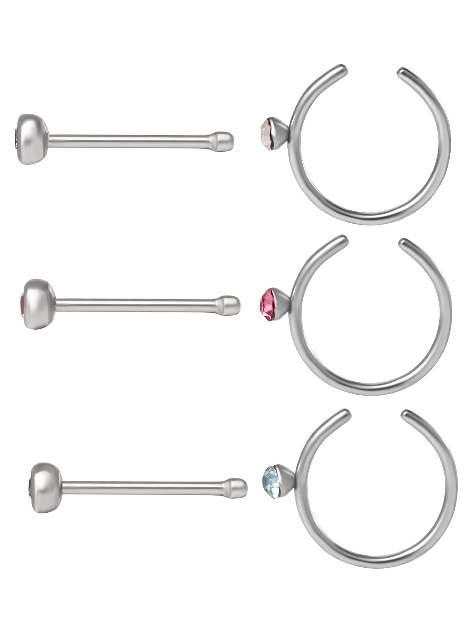 Body Jewelry Women's 16G Surgical Steel Crystal Nose Studs and Hoops, 6 Pack in Mixed Colors