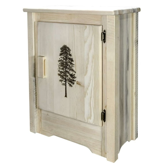 Homestead Collection Accent Cabinet w/ Laser Engraved Pine Design, Right Hinged, Clear Lacquer Finish