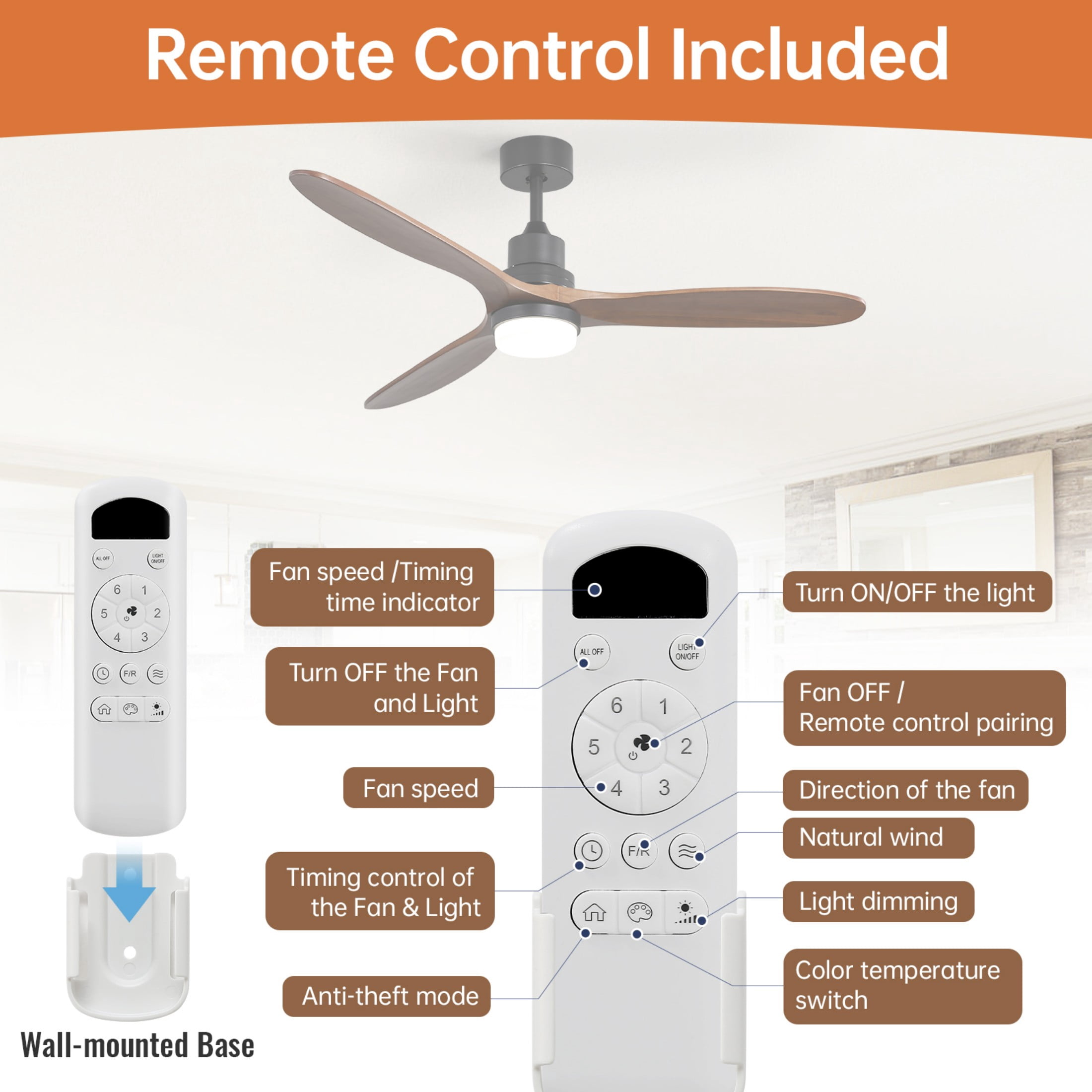 Sofucor 60" Black with Brown Blades Modern Ceiling Fan with Light and Remote
