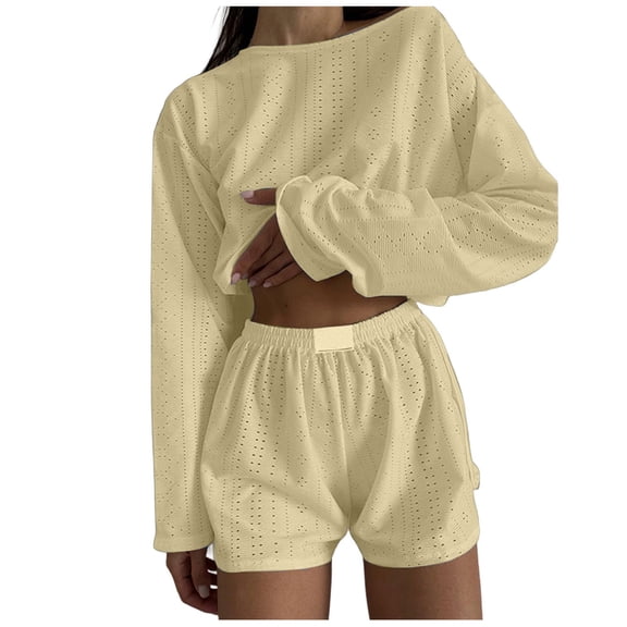 2 Piece Sets for Women Shorts Long Sleeve Crew Neck Eyelet Going Out Outfits,Yellow,M