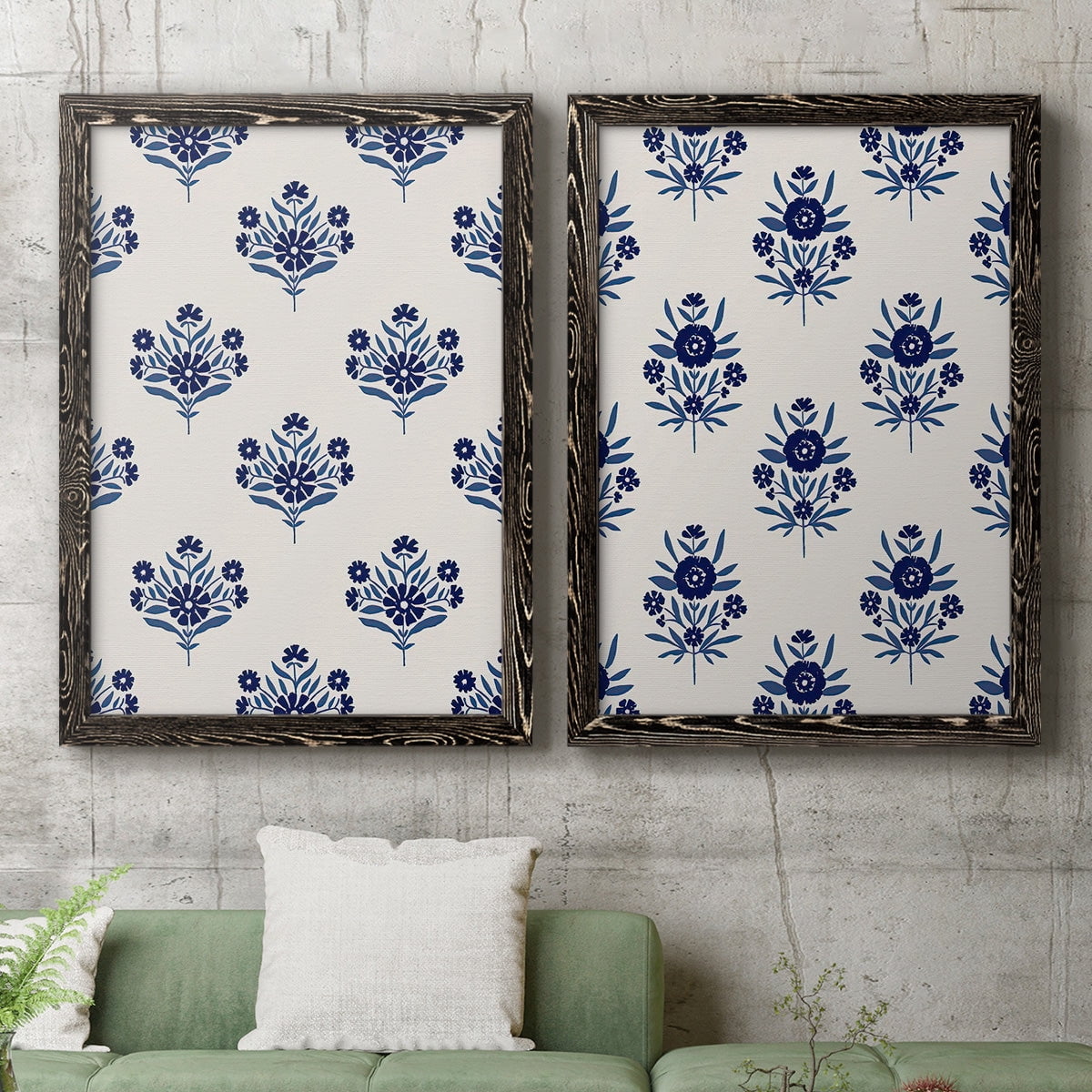 Indigo Bloom Pattern I - Premium Framed Canvas 2 Piece Set - Ready to Hang