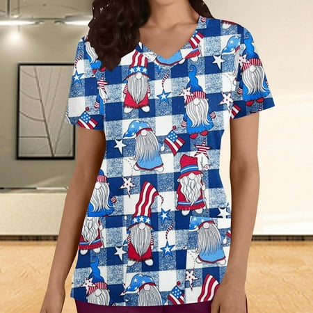 

MELDVDIB Women Nursing Scrub Tops Independence Day Flag Print T Shirt V-Neck Working Uniform Workwear Pocket Tops Gift on Clearance