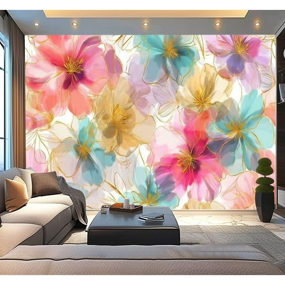 Peel and Stick Wallpaper Sweet flower watercolor soft pastel colors water color Modern Art Wall Mural Decor Self Adhesive and Removable 100in x 144in
