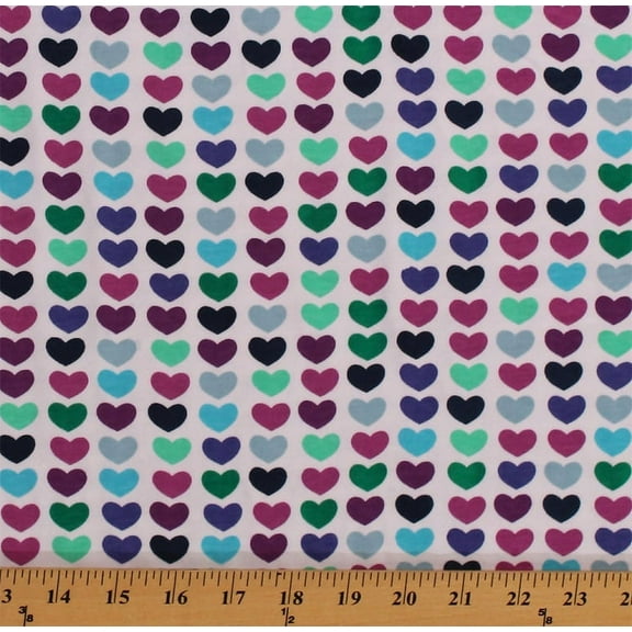 58" Knit Hearts Purple Blue Green Valentines Hearts on White Soft Midweight T-Shirt Knit Fabric by the Yard (F-1B-hearts)