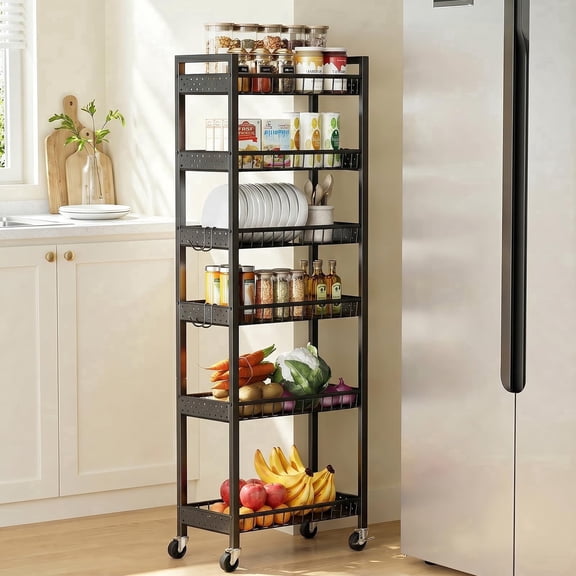 Kssiaz 6 Tier Slim Rolling Cart with Wheels, Metal Utility Mobile Shelf Unit Organizer with Hanging Hooks for Kitchen Bathroom Laundry Narrow Spaces