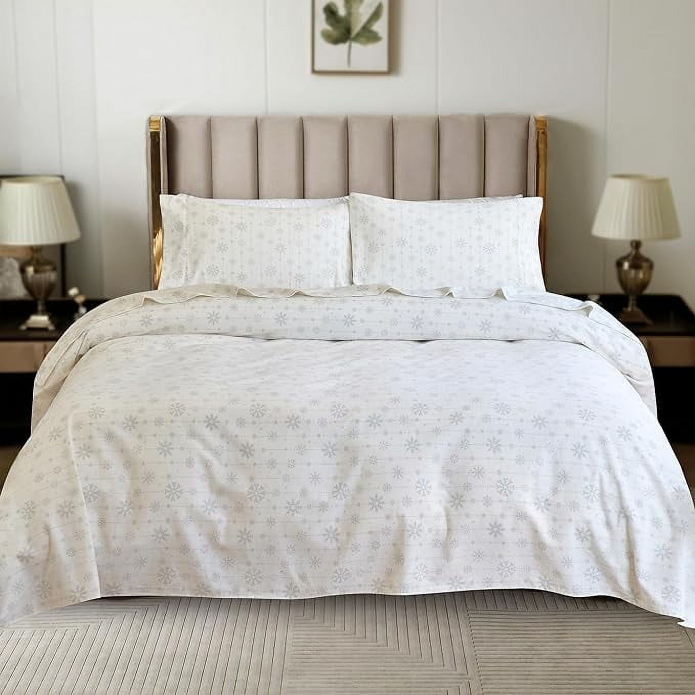 Elegant Comfort - 4 PIECE Holiday Christmas Flannel Cotton Sheet Set, Deep Pocket Fitted - Full, Snowflake Ivory