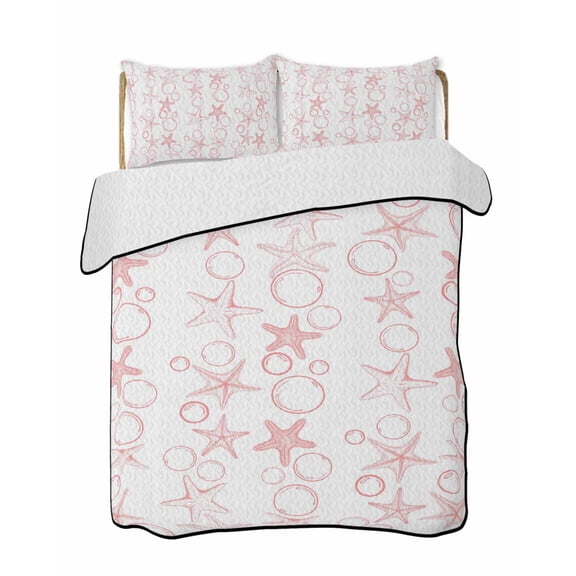 Full Size Quilt Bedding Set, Pink Coastal Reversible Summer Quilt 3 Pieces, Starfish Nautical Ocean Sea Wooden Lightweight Bedspreads Coverlets with 2 Pillow Shams for All Seasons