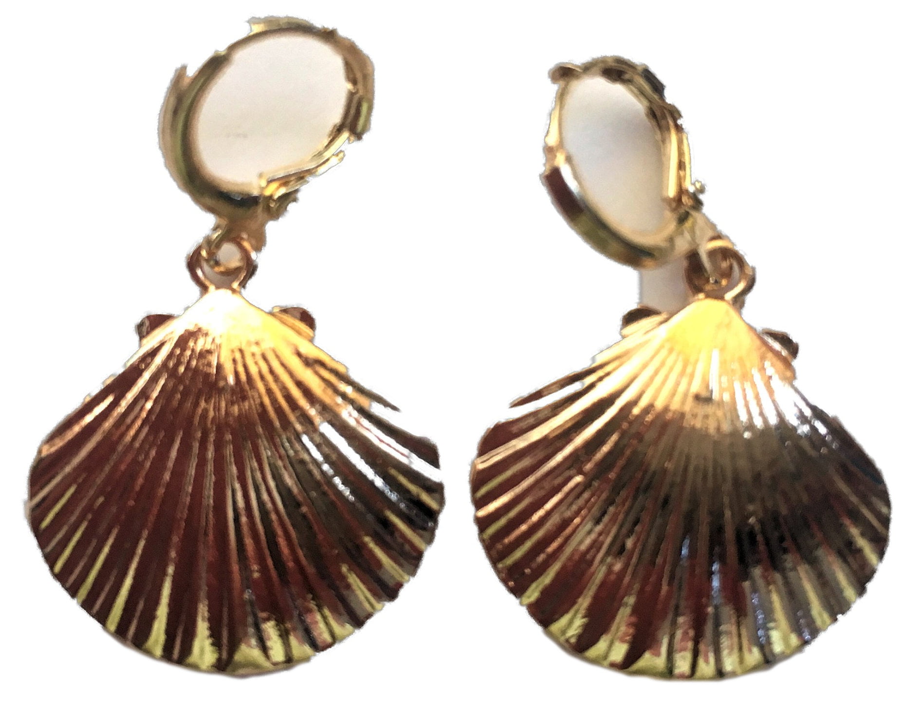 Gold Enamel Nautical Clam Shell Long Drop Earrings