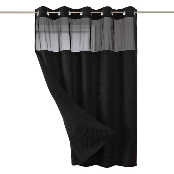 No Hook Waffle Weave Shower Curtain with Snap in Liner Set, Hotel Luxury Black Shower Curtains for Bathroom with See Through Top Window, Waterproof, Washable 71W x 74H