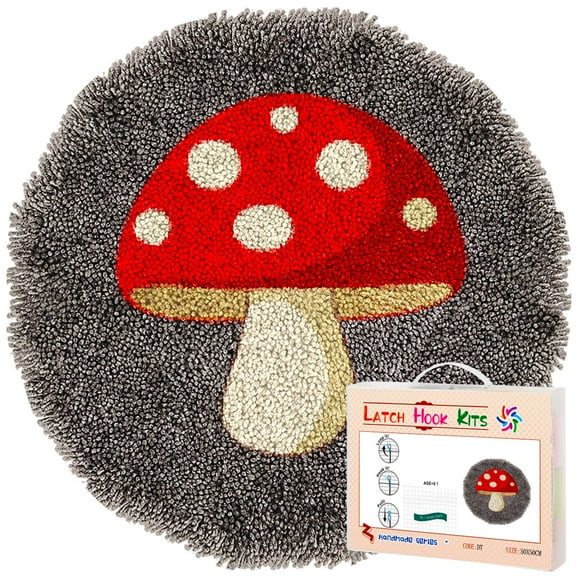 Latch Hook Rug Kit A Red Mushroom Stamped Handmade Round Shape Carpet Crochet Yarn Craft DIY Hook and Latch Door Mat Tapestry for Home Floor Decor 50x50cm(2)