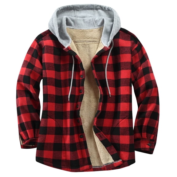 ECHOVIVI Men's Sherpa Lined Flannel Jacket with Hood, Warm Plaid Fleece Shirt Jacket, Button Down Winter Shacket - L