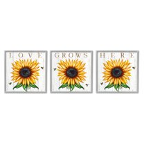 Stupell Industries Love Grows Here Phrase Yellow Sunflowers Honey Bees Graphic Art Gray Framed Art Print Wall Art Set of 3, 12x12, by Elizabeth Tyndall