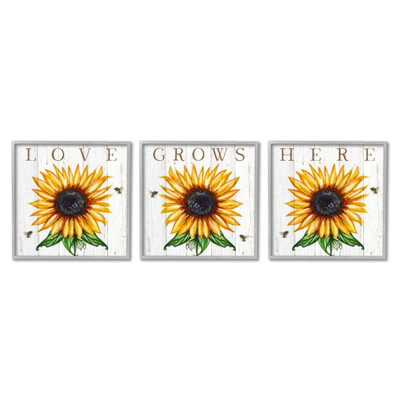 Stupell Industries Love Grows Here Phrase Yellow Sunflowers Honey Bees Graphic Art Gray Framed Art Print Wall Art Set of 3, 12x12, by Elizabeth Tyndall