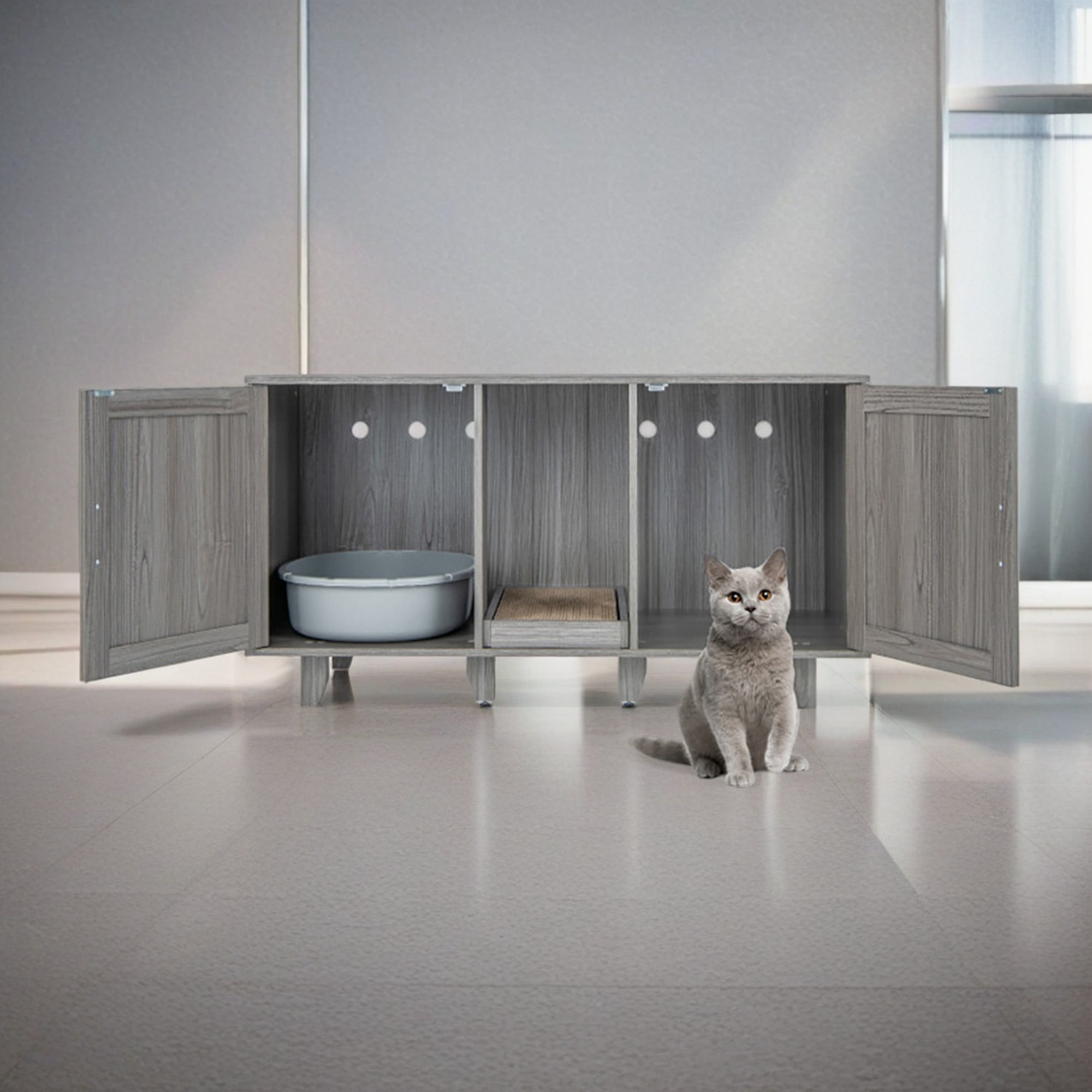 Pefilos 47" Litter Box Enclosure for 2 Litter Boxes, Hidden Cat Washroom with 2 Cabinet House, Scratching Board, Indoor Cat Litter Furniture, Dark Gray