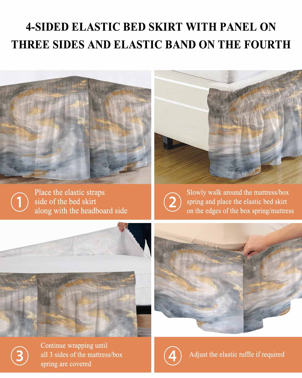 Grey Golden Wrap Around Bed Skirts for Queen Bed 16" Drop, Bed Skirt with Adjustable Elastic Belt Dust Ruffle Bed Valance for Bedroom Hotel Luxury Modern Oil Painting Abstract Bed Frame Cover