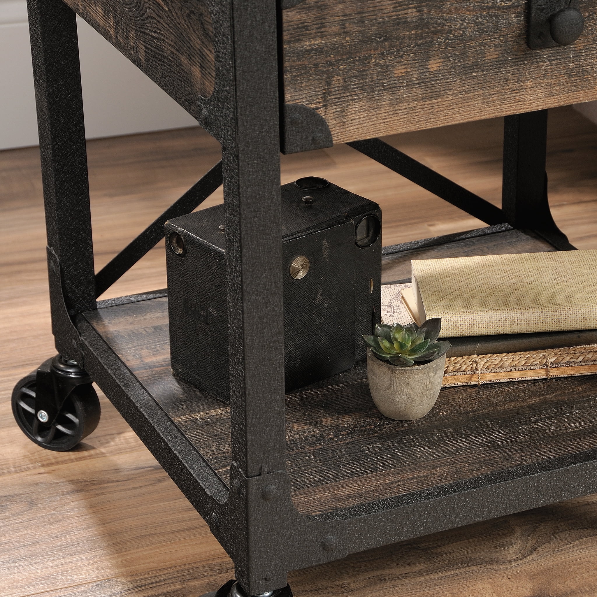 Sauder Steel River Rustic Metal Wood Side Table with Rolling
