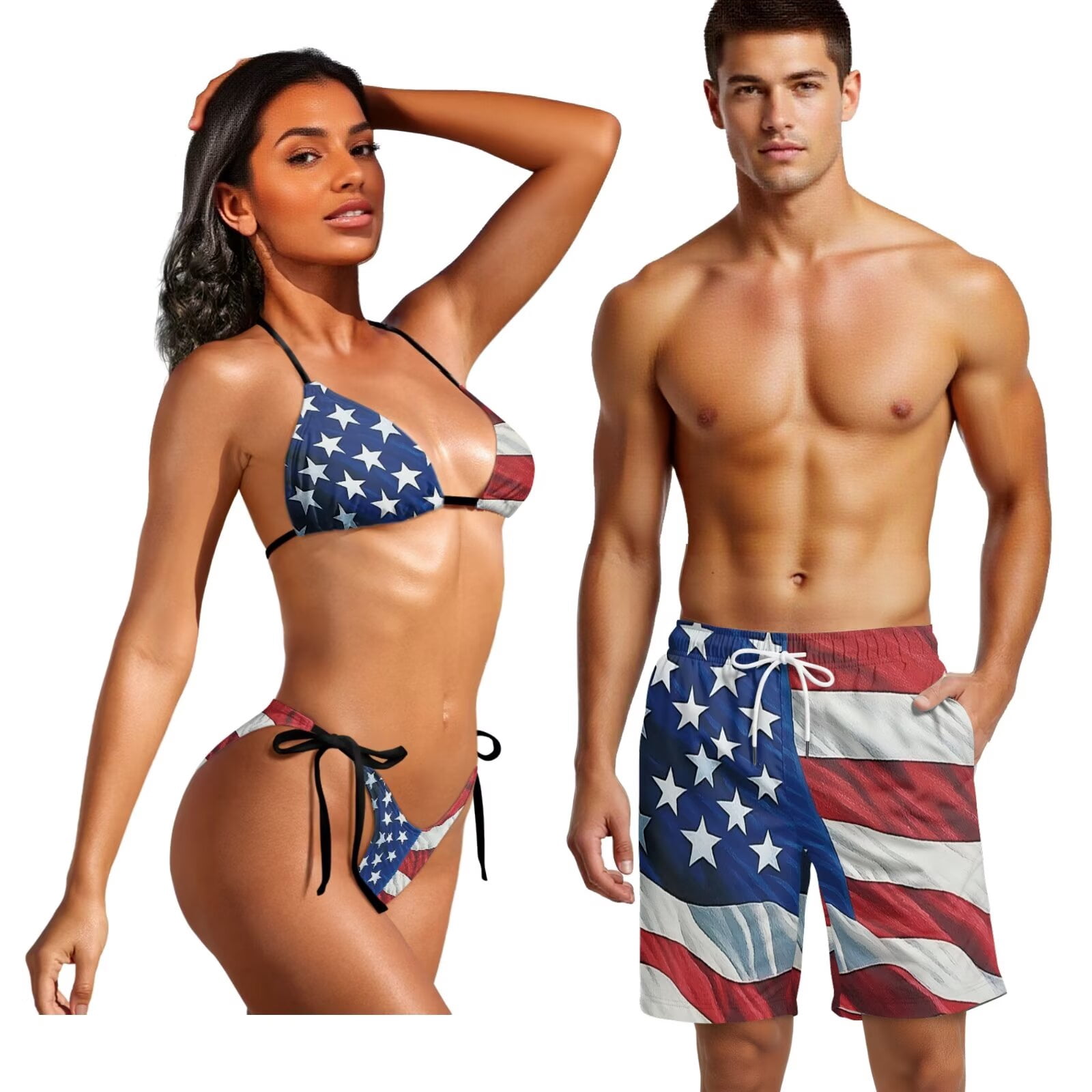 Uourmeti Art American Flag Print Husband and Wife Matching Swimsuits Patriotic 4th of July Matchable Couples Hawaiian Outfits Summer Beach Bikini Set for Women Mens Swim Trunks Hawaii Beachwear