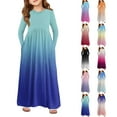 thumbnail image 2 of Abcomgle Girls Maxi Dresses Casual A-Line Long Sleeve Maxi Dress Gradient Crew Neck Sundresses Holiday Swing Dresses with Pockets,Blue, 2 of 5