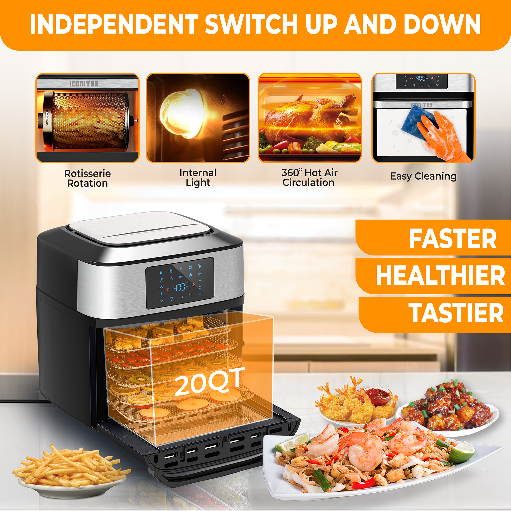 Iconites 20 Quart Air Fryer 10-in-1 Toaster Oven AO1202K with Rotisserie Black Airfryer on Sale 20 qt - image 5 of 9