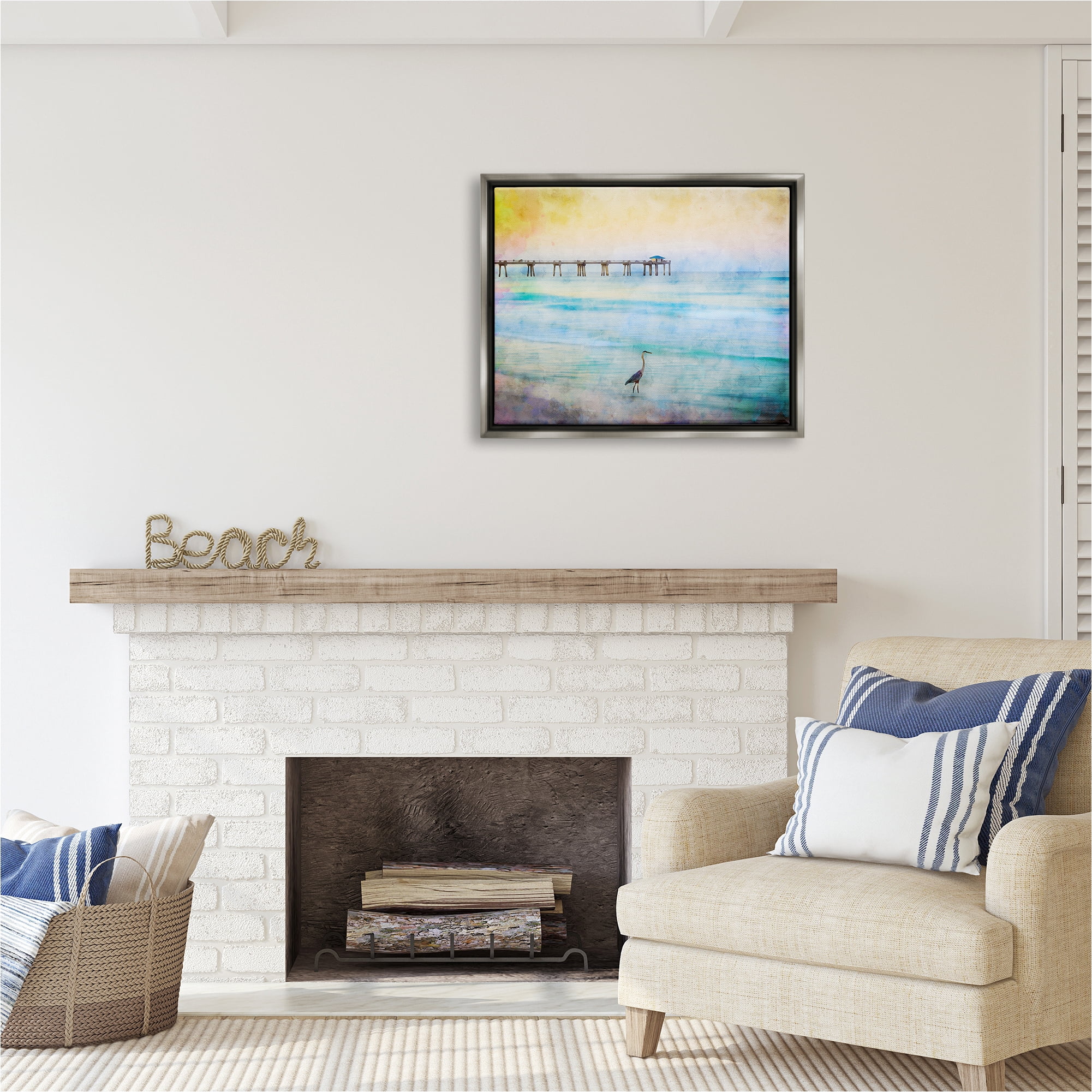 Stupell Industries Abstract Heron on Shore Animals & Insects Painting Gray Floater Framed Canvas Art Print Wall Art, 31 x 25