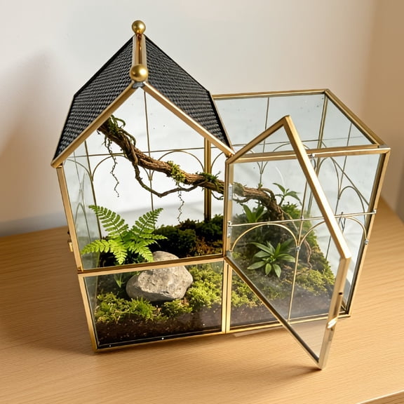 1-Pack Glass Terrarium with Vents, 8.66x4.72x8.46 Inch House-Shaped Enclosure for Jumping , Mantis, Snails, Small Insects, Tabletop Decor