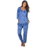 Roaman's Women's Plus Size Printed Three-Quarter Sleeve Henley Set