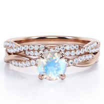 JeenMata Twisted Pave - 1.75 Carat Round Shaped Rainbow Moonstone and Moissanite - Four Prong Wedding Set - 18K Rose Gold Plating over Silver