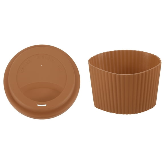 Uxcell 1Set 3.54" Silicone Cup Lid with Sleeve, Spill-proof Lid for Coffee, Brown