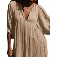 thumbnail image 6 of Biekopu Women Summer Mini Dress 3/4 Sleeve V Neck Solid Color Swing Dress Loungewear, 6 of 9