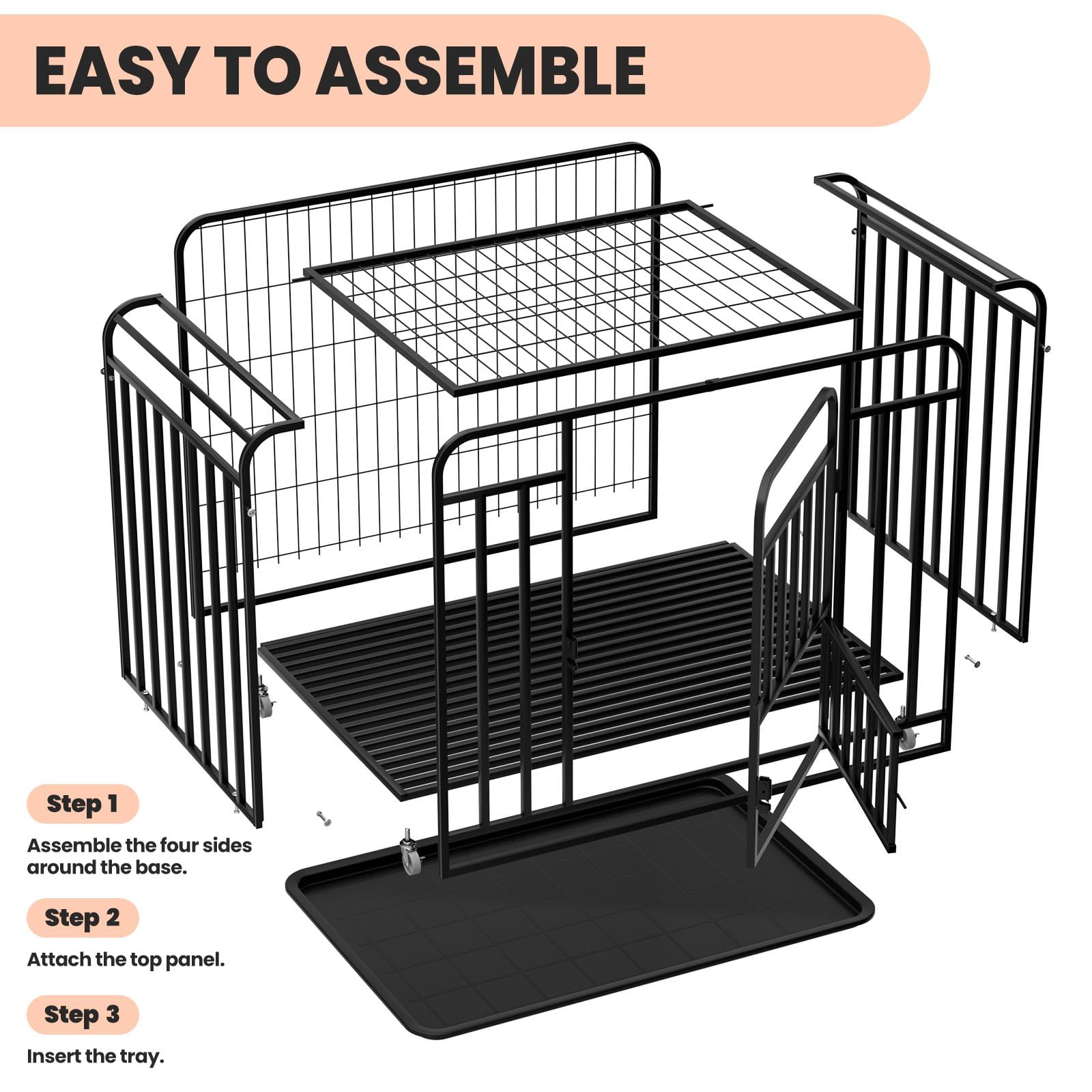 Alloy Steel Dog Crate with Front & Top Door, 36.4" Indoor Outdoor Dog Kennel with Lockable Wheels, Removable Tray for Easy Cleaning