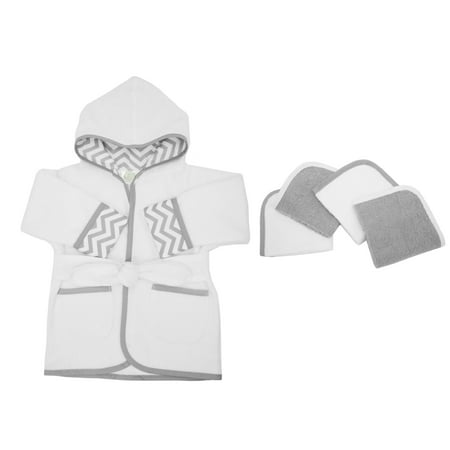 American Baby Company Hooded Terry Cloth Bath Robe and 4 Piece Organic Cotton Washcloth, Grey Zigzag, for Boys and