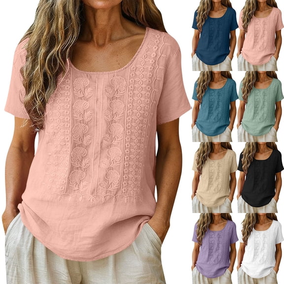 Dvprdro Womens Cotton Linen Tops Short Sleeve Crewneck Blouses Embroidery Solid Casual Summer Shirts