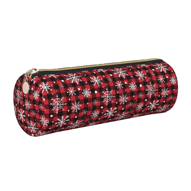 Disketp Buffalo Plaid Snowflakes Estuche Organizador de Lápices de Cuero, Estuche de Oficina con Cremallera para Bolígrafo y Lápiz