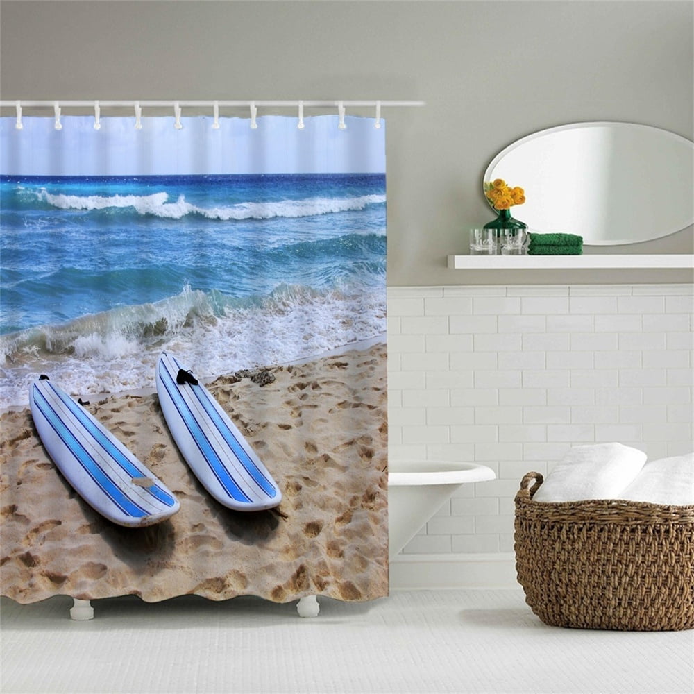 Sea Surfboard Shower Curtain With Hooks Striped Blue White Surfboard ...