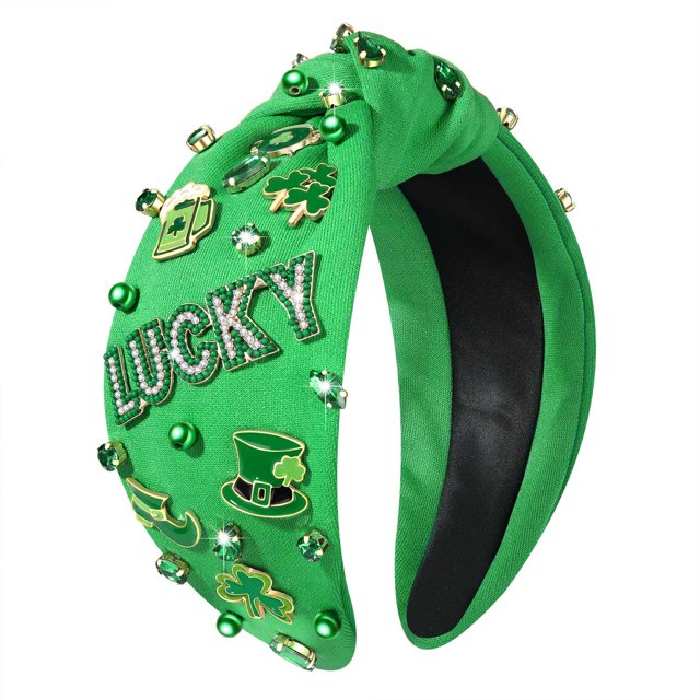 Mokkia Diadema para el día de San Patricio, accesorios para mujer, color verde irlandés, diadema de trébol de la suerte, diadema anudada con cristales de diamantes de imitación, diadema irlandesa para